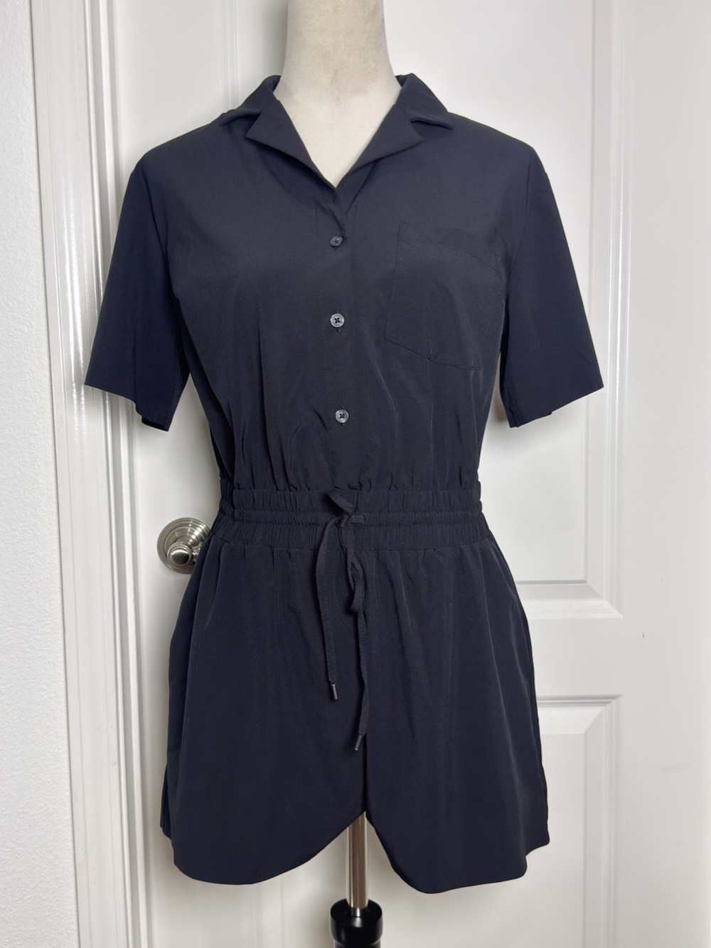 Athleta Black Short-Sleeve Button Up Drawstring Romper